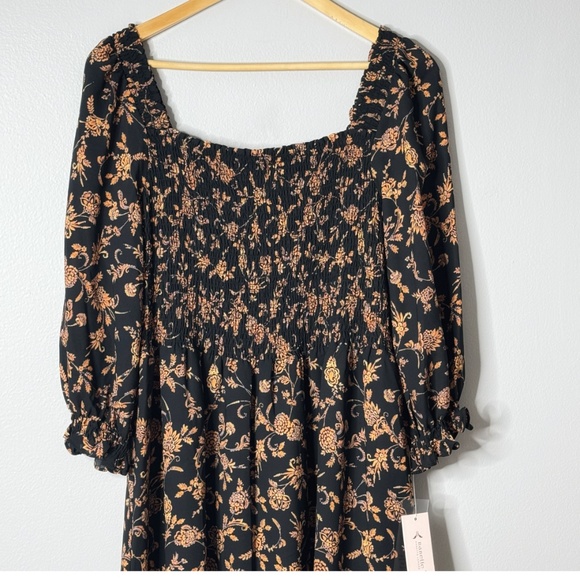 NWT Nanette Lepore Midi Dress Black Orange On/ Off Shoulder Shirred Bodice Sz 16 - Picture 2 of 15